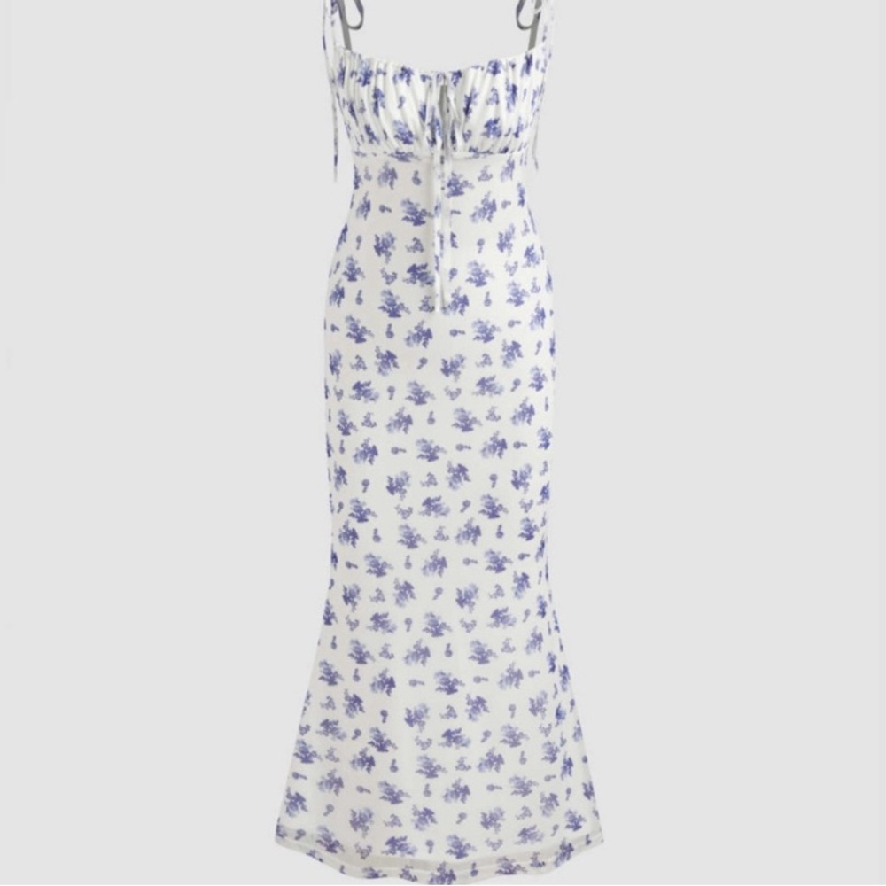 Floral White and Blue Maxi Dress
